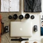 Essentials - Brown Leather Bag, Clothes, and Macbook